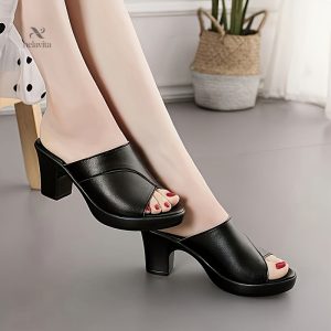 Mules femme élégantes - Sandales à talon chunky, bout ouvert et semelle en caoutchouc