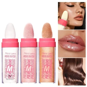 Enlumineur Liquide avec Applicateur Éponge – Highlighter 3 Teintes pour Visage, Lèvres et Cheveux