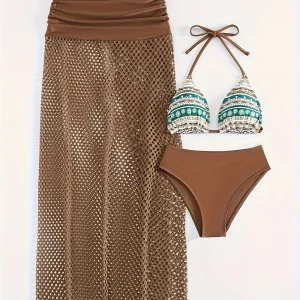 Ensemble 3 Pièces Bikini Bohème avec Jupe Filet – Maillot de Bain Femme Chic et Ethnique