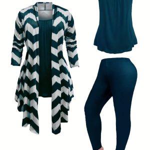 Ensemble 3 Pièces Grande Taille - Veste Longue à Revers Ondulés, Débardeur & Leggings
