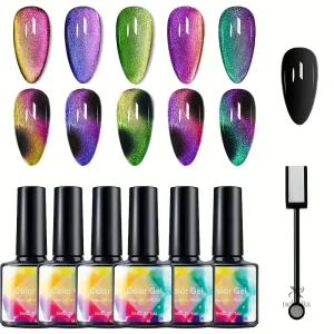 Ensemble 6 Vernis Gel Cat Eye Magnétique 9D Holographique