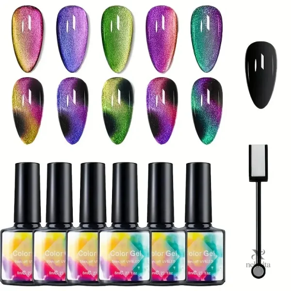 ensemble-6-vernis-gel-cat-eye-magnetique-effet-oeil-de-ch-hmybia-1 Ensemble 6 Vernis Gel Cat Eye Magnétique 9D Holographique