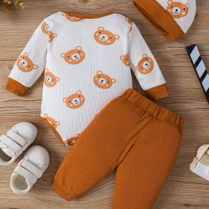 Ensemble Bébé 3 Pièces Motif Ours – Body, Pantalon et Bonnet Coton Confortable
