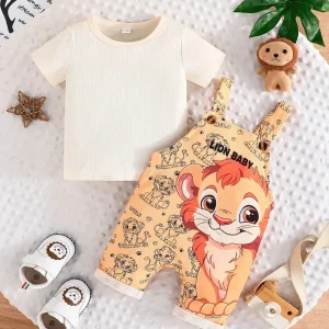 Ensemble Bébé Été avec Salopette Lion et T-shirt Coton – Tenue Confortable et Mignonne