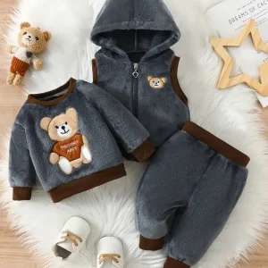 Ensemble Bébé Hiver en Polaire Rose – 3 Pièces Chaudes avec Sweat Ours, Gilet à Capuche et Pantalon