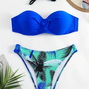 Ensemble Bikini Bandeau Bleu Électrique & Bas Imprimé Tropical – Bretelles Amovibles Incluses
