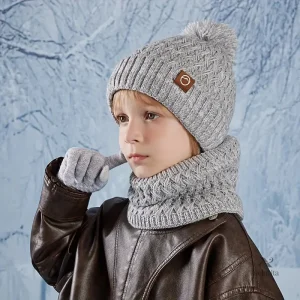 Ensemble Bonnet, Écharpe et Gants Enfant – Hiver Chaud Tricot avec Pompon