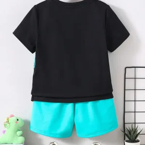 Ensemble chemise garçon noir et turquoise – t-shirt imprimé dinosaure avec short assorti été
