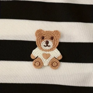 Ensemble chemise garçon rayé noir et blanc avec ourson brodé – t-shirt manches courtes et short été