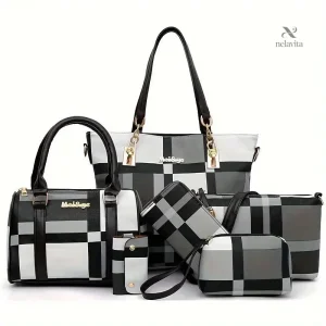 Ensemble de mallettes et sacs à main femme  5 pièces assorties à motifs carreaux, élégance et grande capacité