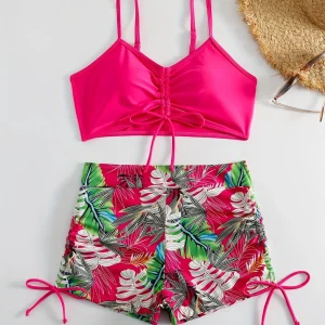 Ensemble de Plage Femme 2 Pièces – Haut Froncé et Short Imprimé Tropical