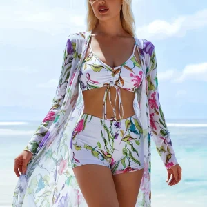 Ensemble de Plage Femme à Motif Floral avec Cardigan Transparent – Maillot de Bain à Haut et Short Élégant