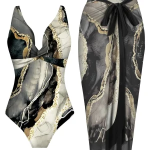 Ensemble de Plage Femme – Maillot de Bain Élégant avec Jupe Pareo Imprimé Marbre Noir, Blanc et Or