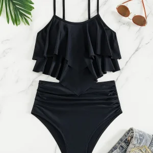 Ensemble de plage noir femme – Bikini à volants et taille haute sculptante