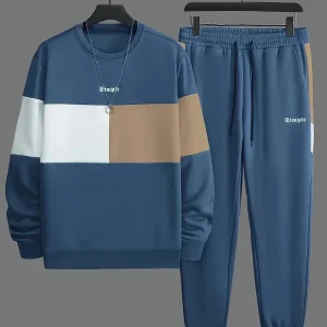 Ensemble de sport homme – Sweat et pantalon jogging – Design color block bleu, beige et blanc
