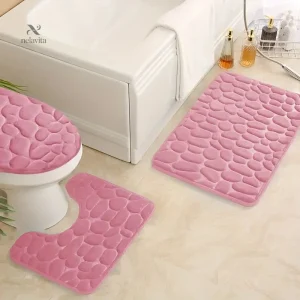 Ensemble de Tapis de Bain Antidérapants 3 Pièces – Effet Pierre, Ultra-Doux et Absorbant