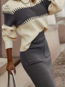 Ensemble Femme : Pull et Jupe Côtelée