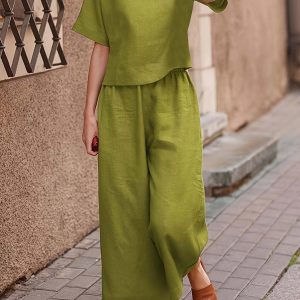 Ensemble Femme T-shirt Col Rond et Pantalon Large