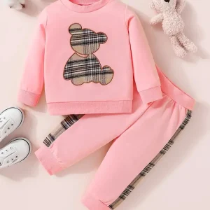 Ensemble fille 2 pièces bordeaux – Sweat à motif ourson et pantalon assorti
