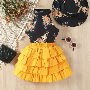 Ensemble fille été 2 pièces – Haut fleuri noir et jupe jaune à volants