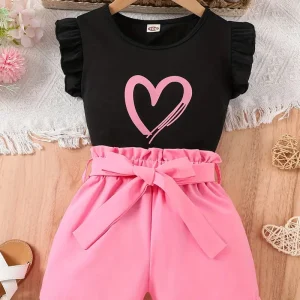 Ensemble fille été 2 pièces – T-shirt noir à volants et short rose