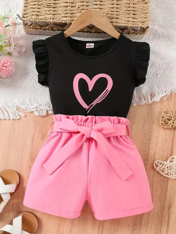 ensemble-fille-ete-2-pieces-t-shirt-noir-a-volants-et-short-rose-1