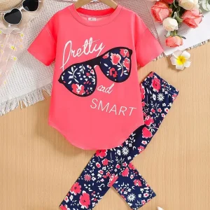 Ensemble fille été 2 pièces – T-shirt rose imprimé lunettes et legging fleuri