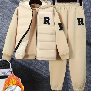 Ensemble Garçon 3 Pièces Chaud – Veste Matelassée, Sweat et Pantalon Sport Beige