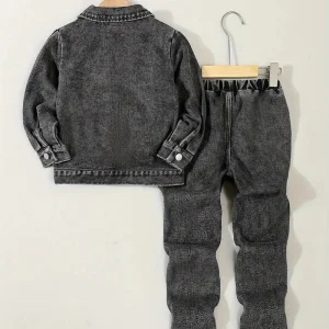 Ensemble Garçon Jean Noir – Veste en Denim + Pantalon Déchiré Style Décontracté