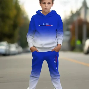 Ensemble Garçon Paris Style Sport – Sweat à Capuche et Jogging Dégradé Bleu Blanc