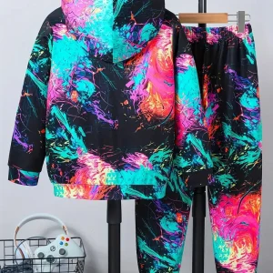 Ensemble Garçon Streetwear Coloré – Sweat à Capuche et Pantalon Motif Peinture Fluo