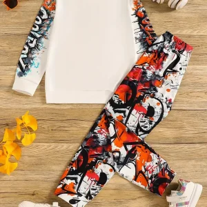 Ensemble Garçon Streetwear – Sweat Blanc et Pantalon Graffiti Coloré