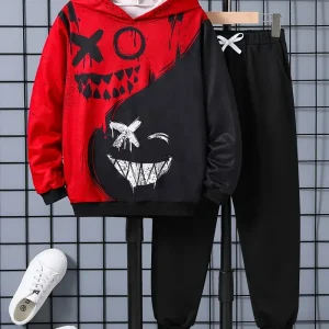 Ensemble Garçon Sweat à Capuche Imprimé Graphique + Pantalon Jogging – Tenue Décontractée Stylée