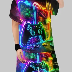 Ensemble Garçon T-shirt et Short Gaming Néon – Tenue Streetwear avec Motif Manette de Jeu