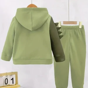 Ensemble Garçon Vert Dinosaure – Sweat à Capuche Zippé + Pantalon Jogging Confortable