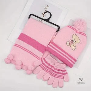 Ensemble Hiver Enfant – Bonnet Ours Pompon, Écharpe à Pompons et Gants Chauds