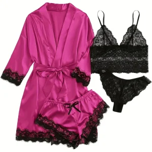 Ensemble lingerie 4 pièces satin et dentelle – Bralette, shorty, string et kimono léger pour femme