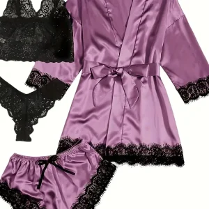 Ensemble Lingerie Femme Satin et Dentelle – Sous-vêtements et Pyjamas 4 Pièces avec Kimono, Débardeur, Short et String