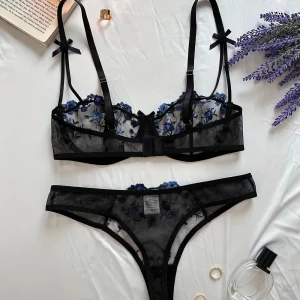 Ensemble Lingerie Sexy Femme en Dentelle Transparente – Soutien-Gorge à Armatures et Tanga Fleurs Brodées