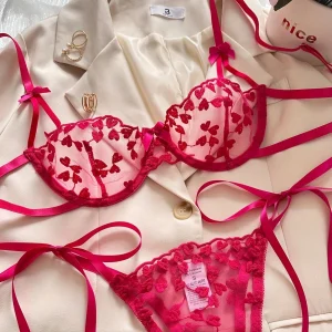 Ensemble Lingerie Sexy Femme en Dentelle Transparente – Soutien-Gorge à Armatures et String à Nouer avec Fleurs Brodées