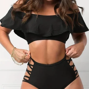 Ensemble Maillot de Bain Femme à Volants – Haut Épaules Dénudées & Culotte Taille Haute à Lanières