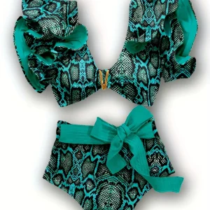 Ensemble Maillot de Bain Femme à Volants – Imprimé Python & Ceinture Nouée Taille Haute