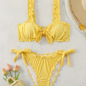Ensemble Maillot de Bain Femme Jaune à Volants – Haut Noué & Culotte à Nœuds Latéraux