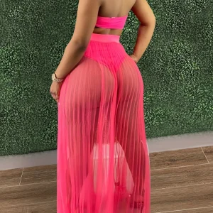 Ensemble Plage 2 Pièces – Haut Bandeau et Jupe Longue Transparente Plissée