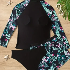 Ensemble Rashguard Femme 3 Pièces – Maillot de Bain à Manches Longues avec Short Fleuri et Culotte Noire