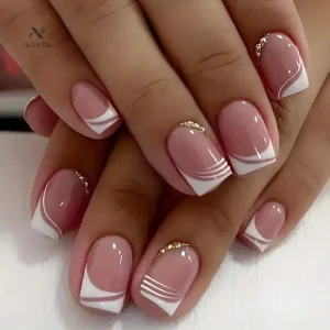 24 pièces de faux ongles avec strass et motif blanc