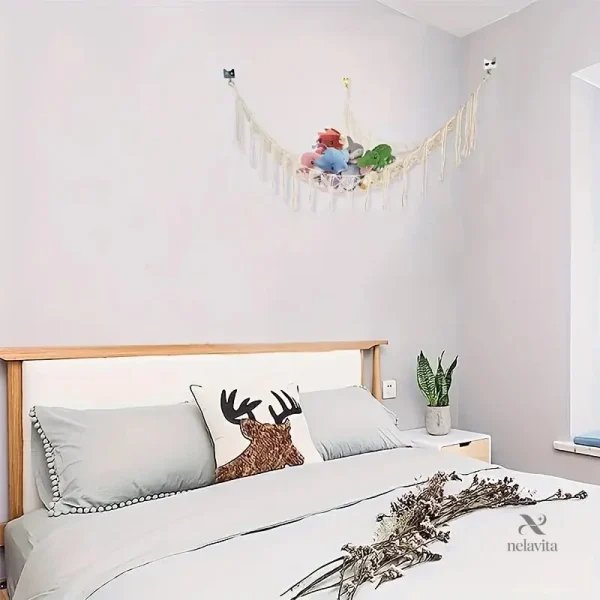 Filet de rangement suspendu en macramé pour jouets et peluches