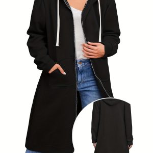 Gilet Long Casual Plus Size Femme - Capuche avec Fermeture Éclair
