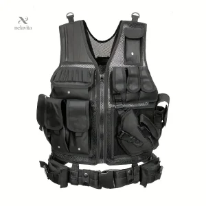 Gilet tactique militaire homme – Multi-poches avec ceinture ajustable pour airsoft, paintball et randonnée