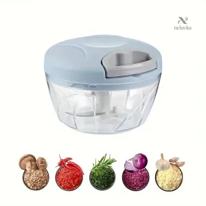 Hachoir Manuel à Corde Multifonction – Coupe-Rapide pour Ail, Oignon, Herbes, Fruits Secs et Légumes – Bol Transparent avec Lames Acier Inoxydable